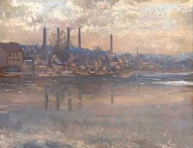 20th century oil on board, factory chimneys at dusk seen across the water, 50x64cm