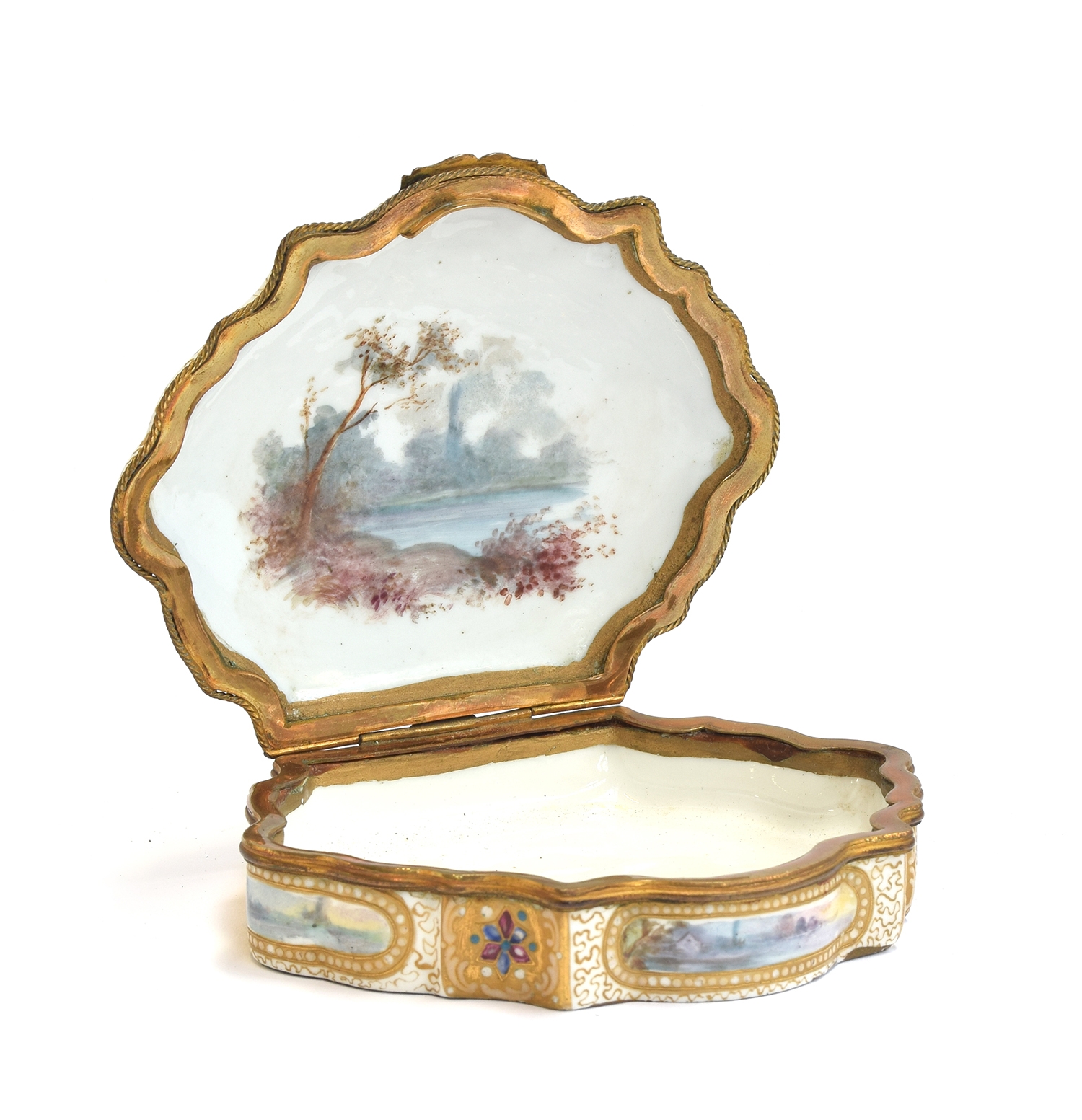 A 19th century gilt metal mounted porcelain box, hand painted with pastoral scenes and heightened in - Image 3 of 11