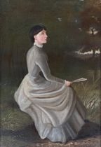 A 19th century full length naive portrait of a seated lady in a white dress holding a fan, oil on