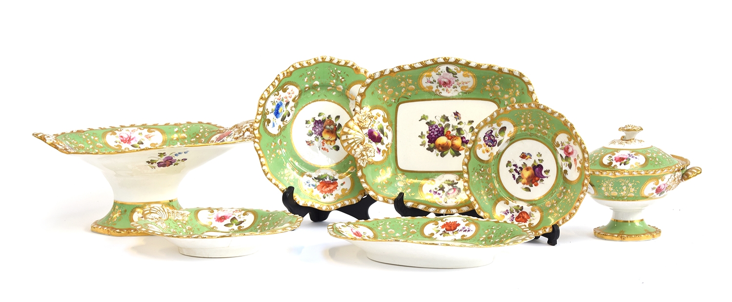 A 19th century hand painted dinner service, floral panels on a green ground, heightened in gilt, - Image 2 of 10