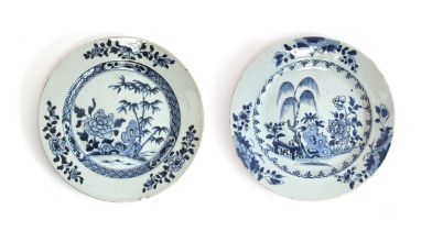 Two 19th century Chinese export blue and white porcelain plates, one with willow garden design,