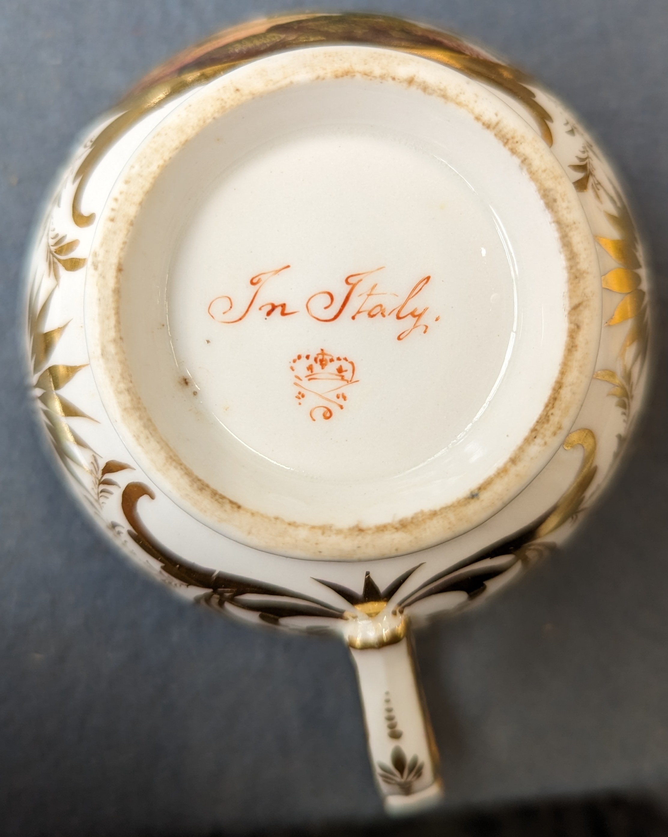 An early 19th century Derby named view teacup, coffee cup and saucer, the cups hand painted with a - Image 7 of 12