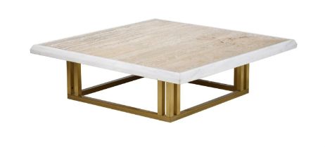 A travertine and white marble square low centre table, of recent manufacture, on a brushed metal