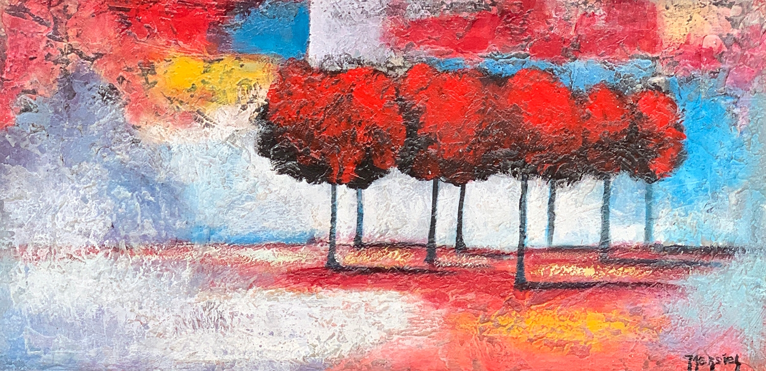 Ipersiel Jules, oil on canvas, red trees in a landscape, 30x60cm