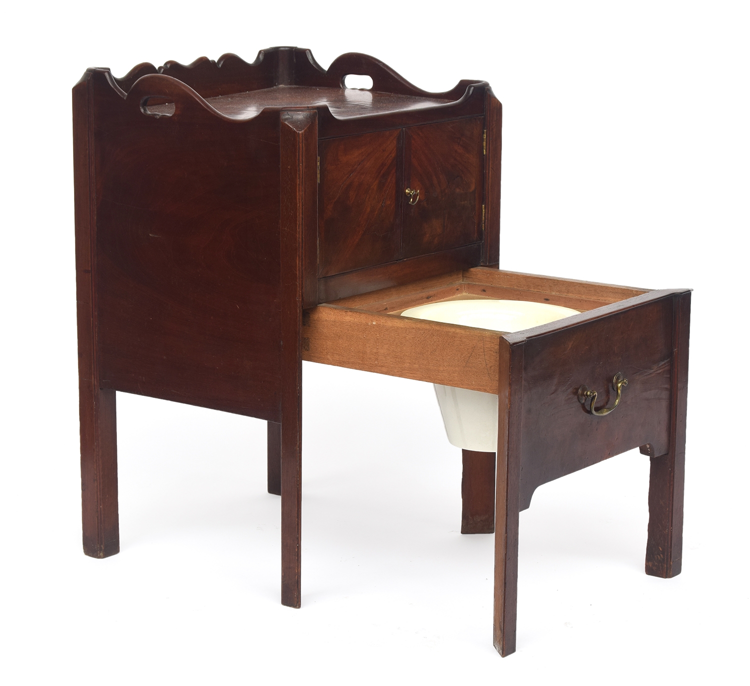 A George III mahogany tray top night commode, galleried with handles, over a pair of doors above - Image 3 of 3