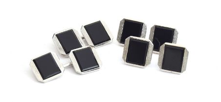 A pair of Art Deco 9ct white gold and onyx cufflinks, together with four matching studs, gross