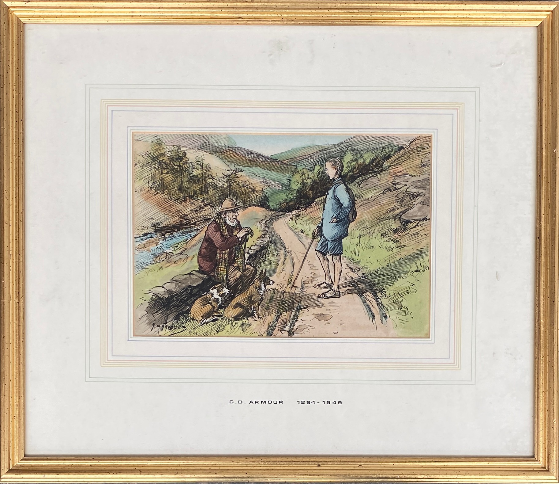 George Denholm Armour (1864-1949), pen and colour wash, a man and his dogs, signed in pen lower - Image 2 of 2