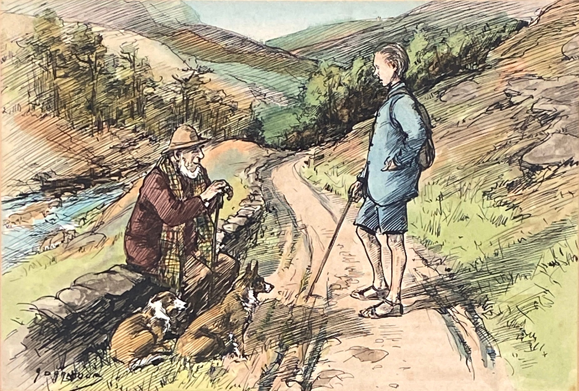 George Denholm Armour (1864-1949), pen and colour wash, a man and his dogs, signed in pen lower