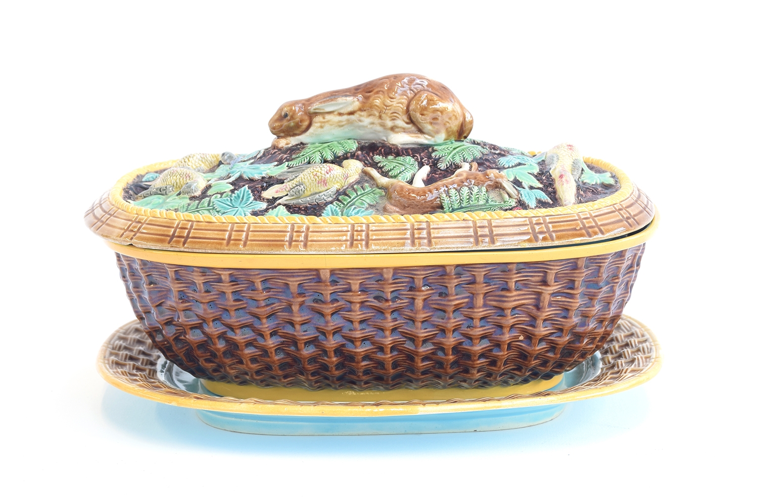 A 19th century Brown Westhead Moore & Co. terrine and stand, with liner, of basket form modelled - Image 2 of 9