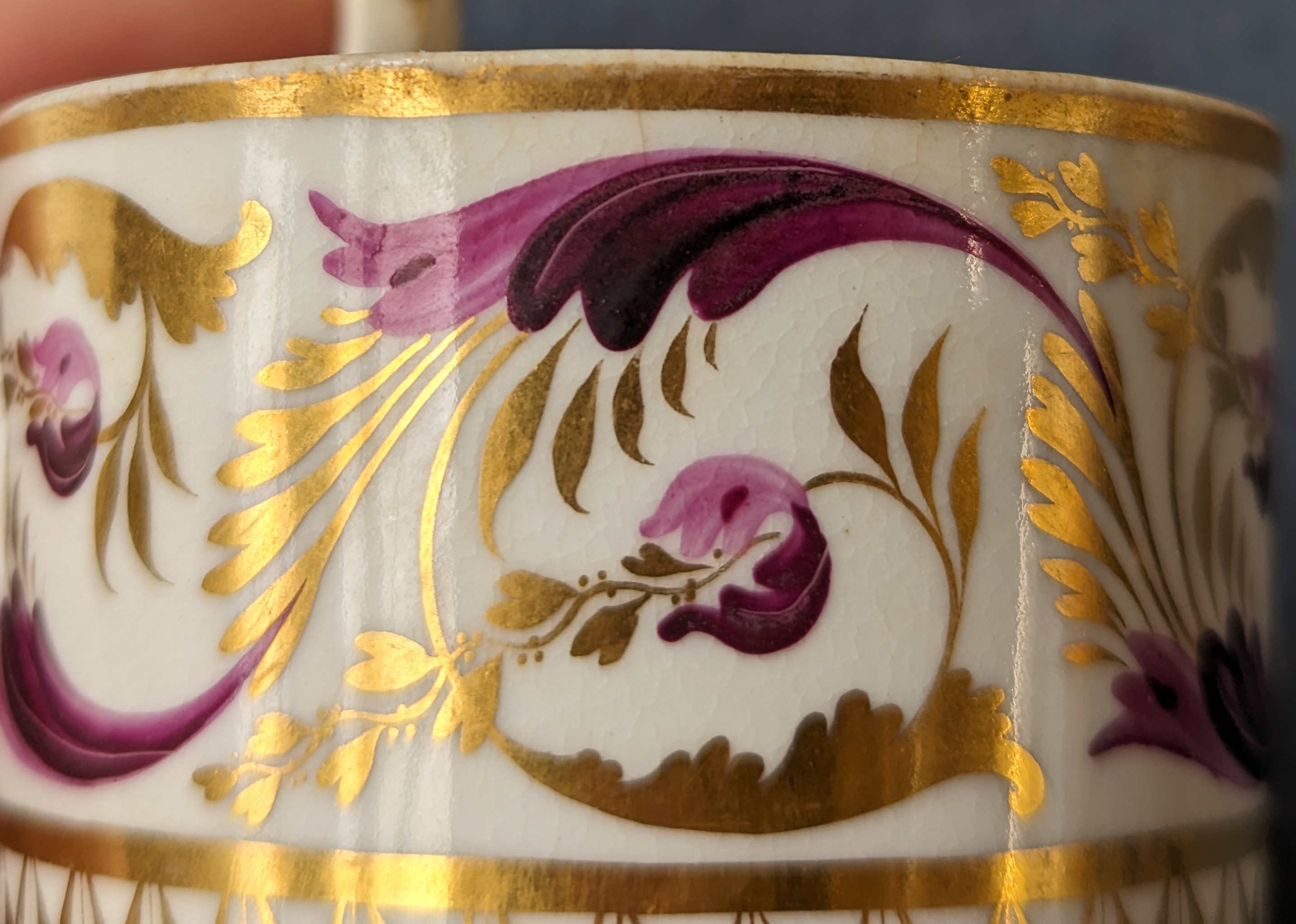 An early 19th century Derby named view teacup, coffee cup and saucer, the cups hand painted with a - Image 9 of 12
