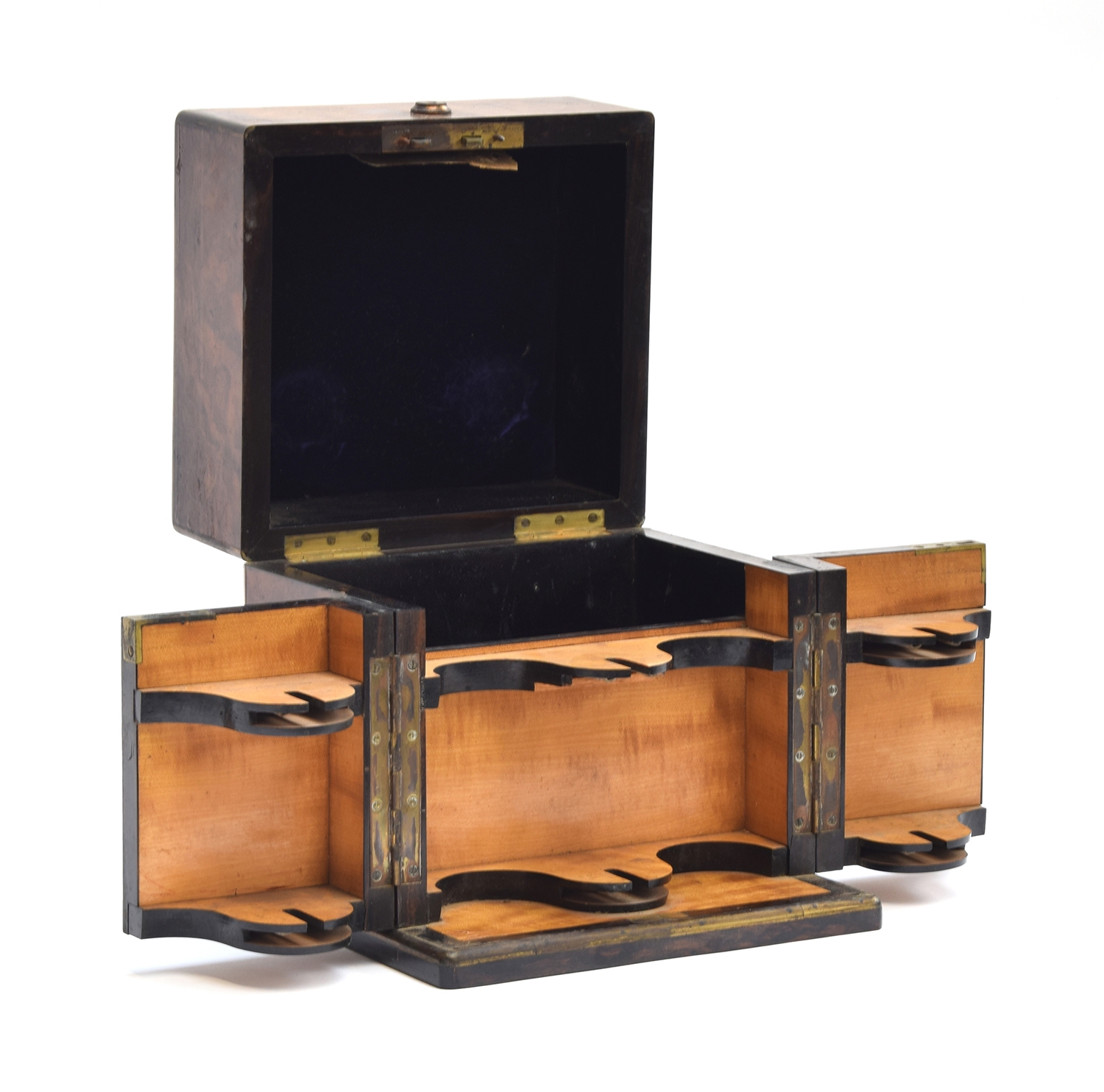 A Victorian burr walnut and brass bound tantalus, with leather and satinwood interior, with lid - Image 4 of 4