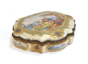 A 19th century gilt metal mounted porcelain box, hand painted with pastoral scenes and heightened in