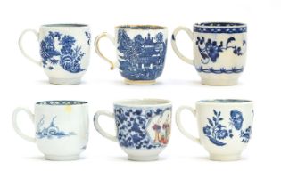 A collection of six late 18th century teacups, to include Caughley 'Pagoda'; Worcester 'Three