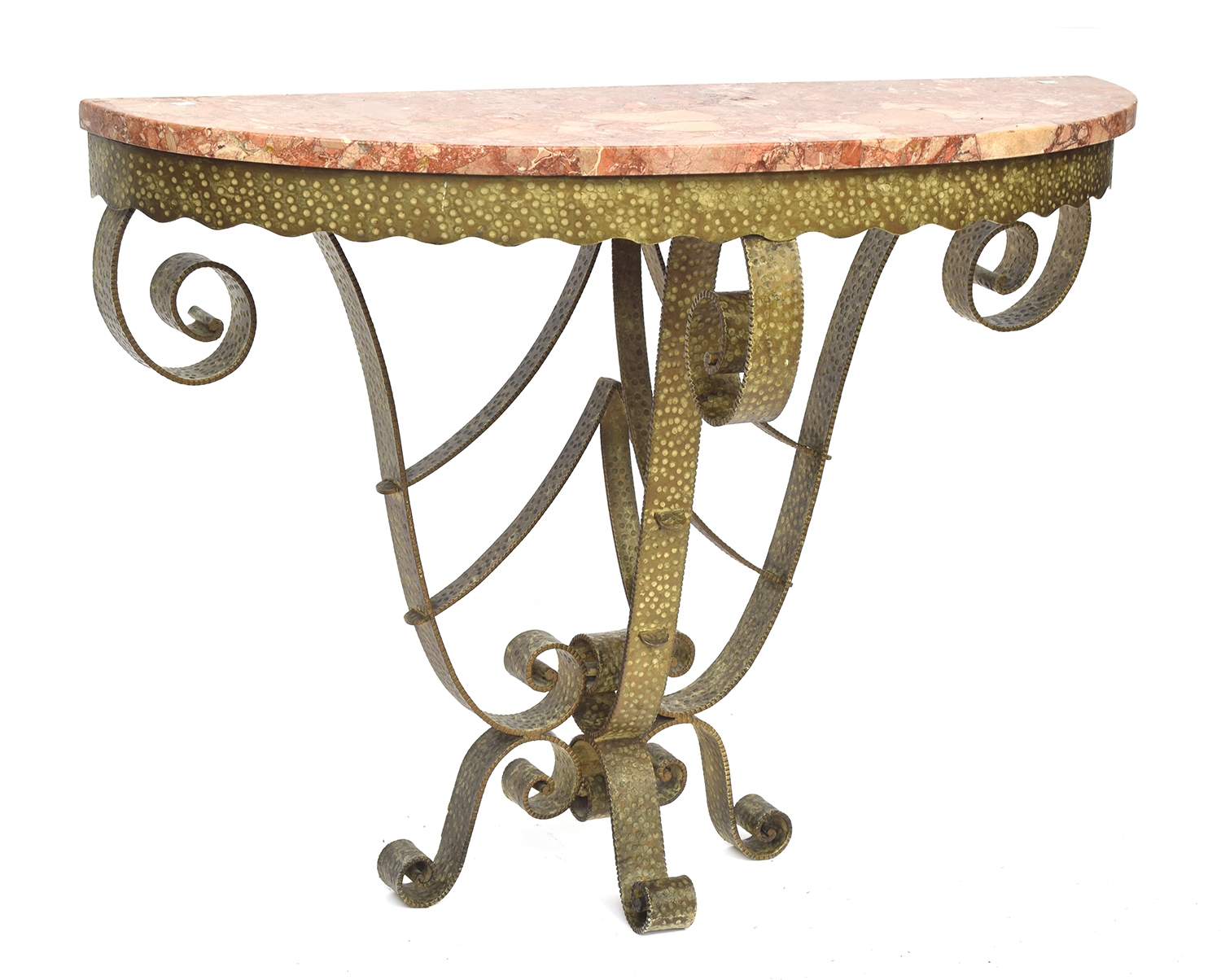 A French Art Deco demilune wrought iron console table in the manner of Paul Kiss, c.1920s, pink - Bild 3 aus 3