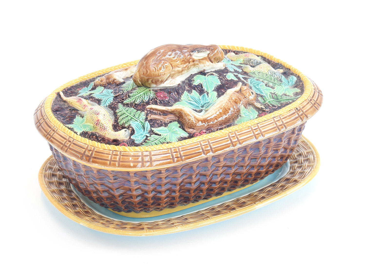 A 19th century Brown Westhead Moore & Co. terrine and stand, with liner, of basket form modelled - Image 4 of 9