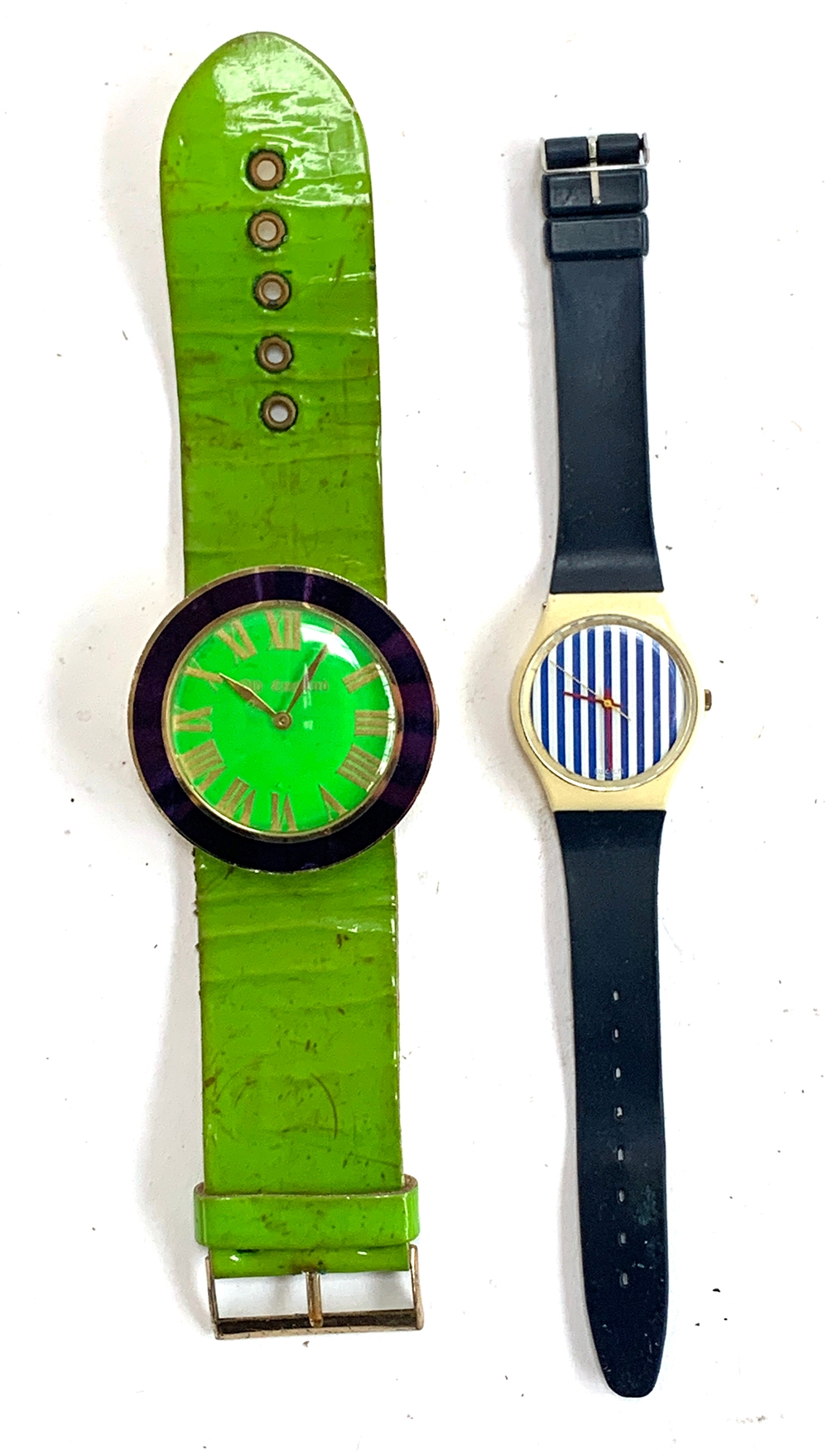 A Swatch watch with blue and white striped face, together with an Old England watch