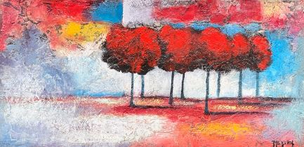 Jules Ipersiel, oil on canvas, red trees in a landscape, 30x60cm