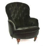 A Victorian buttonback armchair by Cornelius V Smith, on turned front legs, one back leg stamped