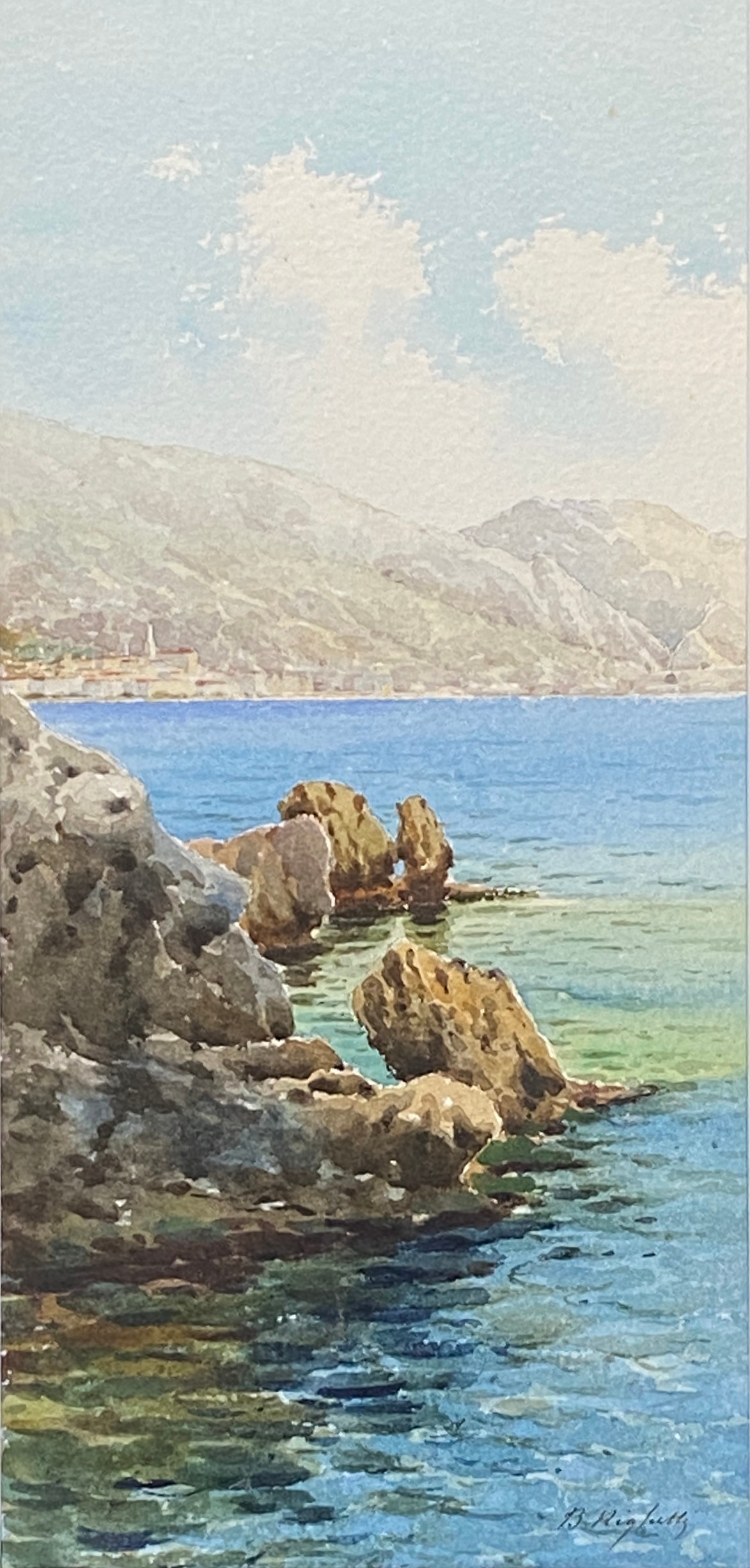 Bernard Antoine Righetti (French, 1882-1965), coastal landscape, watercolour on paper, 35x17cm