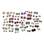 A quantity of costume clip on earrings, some purple and green tone, aurora borealis crystal etc