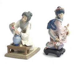 Two Lladro porcelain figures of Japanese Geishas, 'Michiko', model no 1447, basket in need of re-
