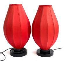 A pair of red silk table lamps, 47cmH