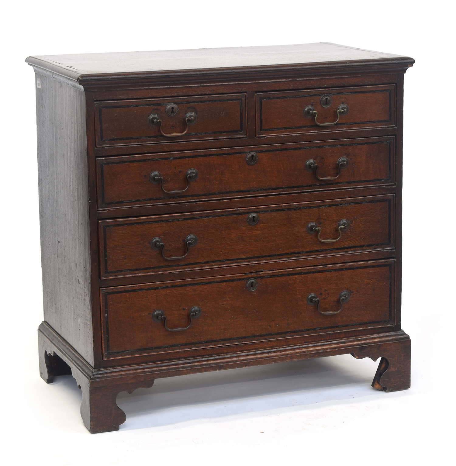 An 18th century oak chest, the moulded top above two short and three graduating drawers, on - Image 2 of 2