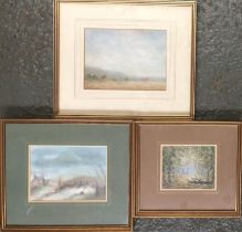 Peter WG Coombs (1927-2007), three pastel studies comprising woodland scene, beach scene, and bridge