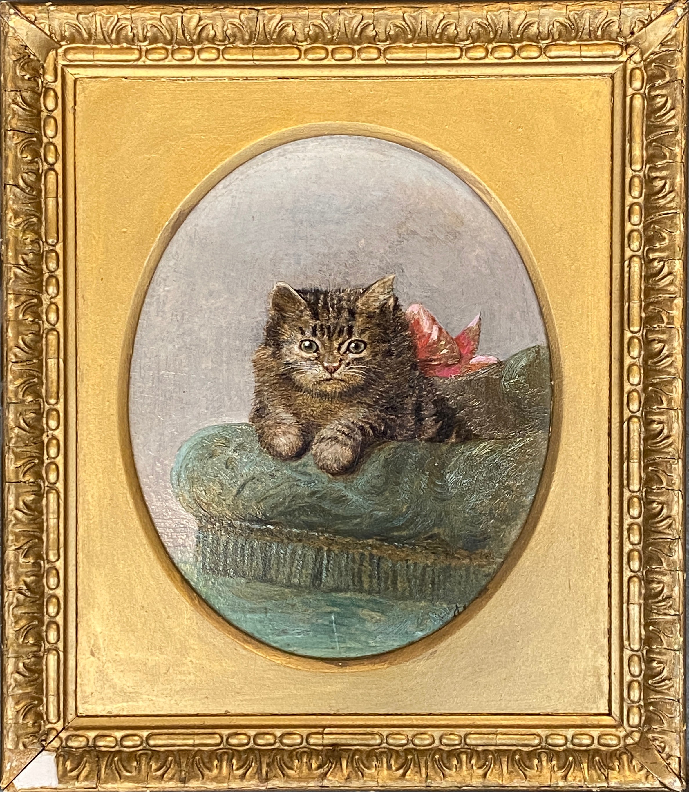 Horatio Henry Couldery (1832-1918), tabby kitten on a chair, oil on board, signed with monogram - Image 2 of 3