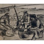 Otto Beyer (German, 1885-1962), three figures working in a field, signed and dated in pencil, the