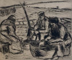Otto Beyer (German, 1885-1962), three figures working in a field, signed and dated in pencil, the