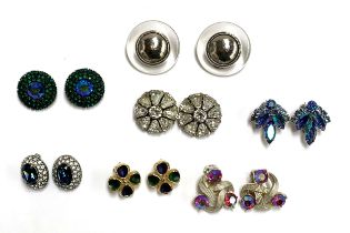Seven pairs of costume clip on earrings to include two pairs of Weiss earrings; Sarah Coventry;