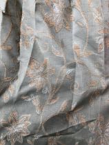 A pair of sage curtains with silver and barley floral pattern, lined, with tie-backs; 107cm drop,