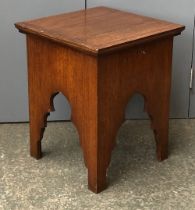An oak stool with hinged lid, bears rd no. 718588, 40x40x49cmH
