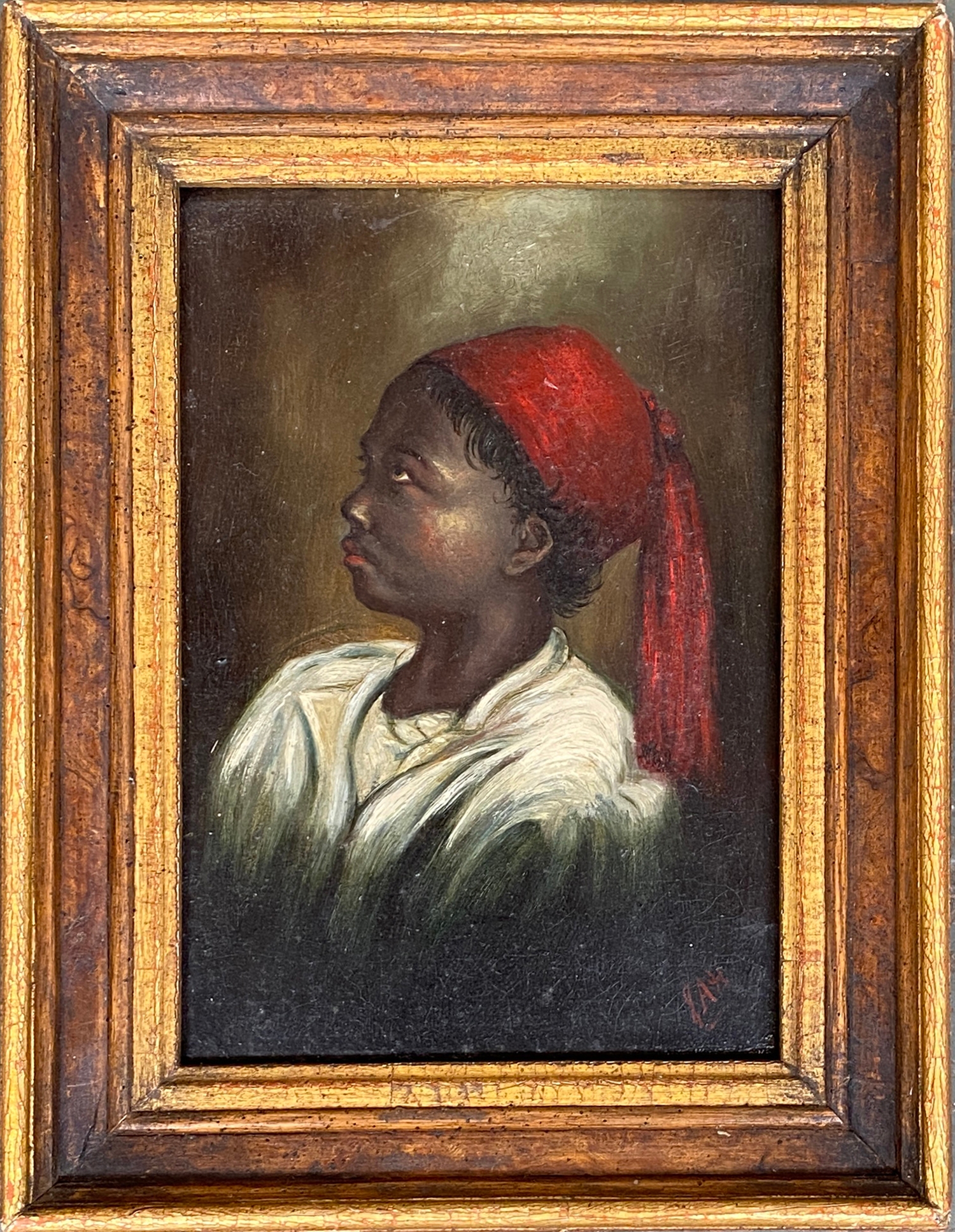 Oil on board, portrait of a child in a red fez, 21x14cm - Image 2 of 2