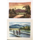 A pair of Vietnamese pastoral watercolours on paper, each indistinctly signed, the larger 27.5x38.