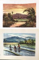 A pair of Vietnamese pastoral watercolours on paper, each indistinctly signed, the larger 27.5x38.