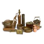 A mixed lot of copper and brass items, to include kettles, large twin handled pan, spit jack, sieve,