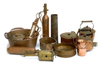 A mixed lot of copper and brass items, to include kettles, large twin handled pan, spit jack, sieve,