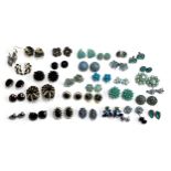 A quantity of costume clip on earrings, mainly blue and black tone