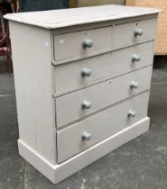 A light grey painted Victorian pine chest of two short over three long drawers, on plinth base,