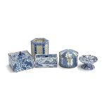 A Delft blue and white flower brick, 13cmW Chinese blue and white square box with impressed mark etc