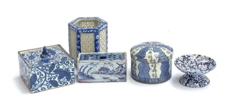 A Delft blue and white flower brick, 13cmW Chinese blue and white square box with impressed mark etc