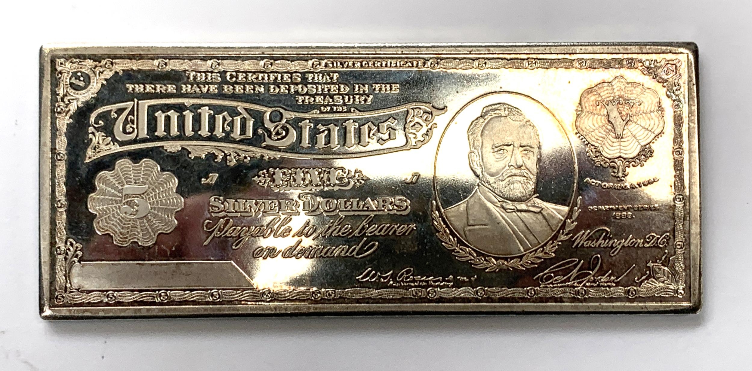 A reproduction 1886 one troy pound five dollars silver certificate bar (silver plated), 381g - Image 2 of 2