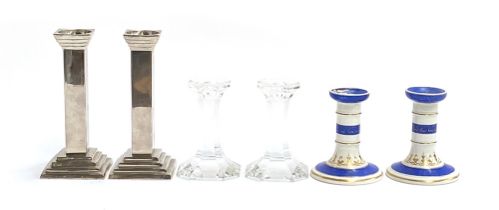 Three pairs of candlesticks: a silver plated pair art deco style, 17cmH, Waterford crystal style (