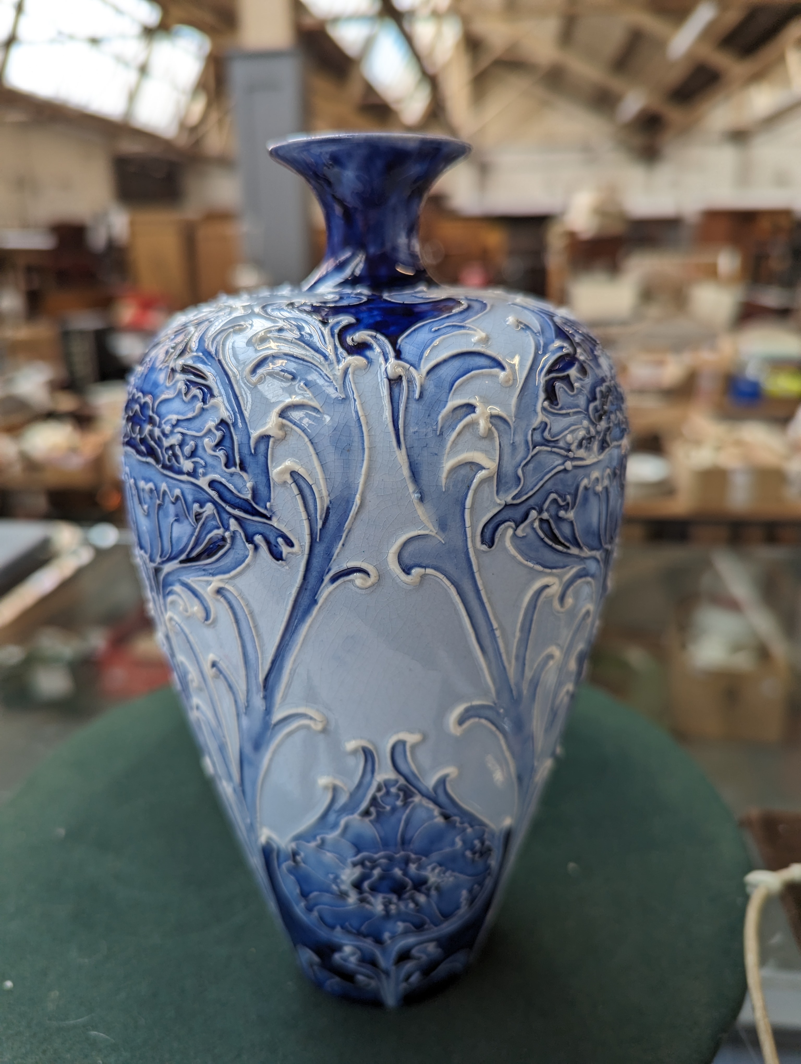 Two William Moorcroft for Macintyre Florian Ware, Burslem, tubeline blue vases, with allover - Image 6 of 9