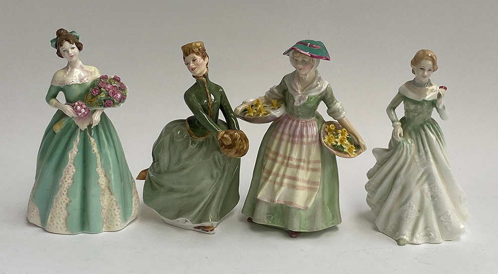 Four Royal Doulton lady figurines: 'Happy Birthday', 'Grace', 'Daffy-Down-Dilly', and 'Grace' (4)