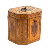 A George III octagonal tea caddy, with marquetry inlay, 13cmH