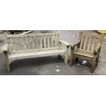 A teak slatted garden bench, approx 161.5cmW; together with a chair 59cmW