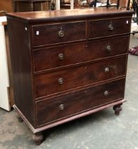 A 19th century mahogany chest of drawers, two short over three long drawers, on turned feet,
